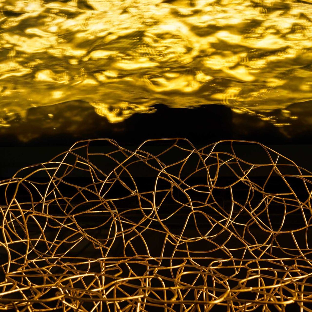   Corallo . A detail of the Campana brothers&rsquo; armchair in steel wire with gold leaf applied by hand, portrayed in front of the ORO work by Fabrizio Plessi, that underlines the strength of the movement that materializes in different forms. 